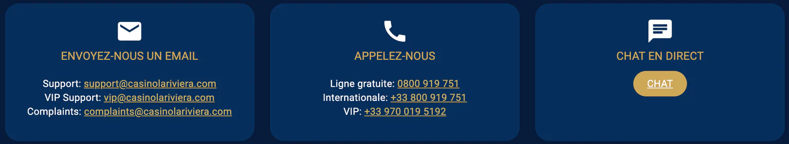 Service client et support en ligne 24/7 de La Riviera Casino